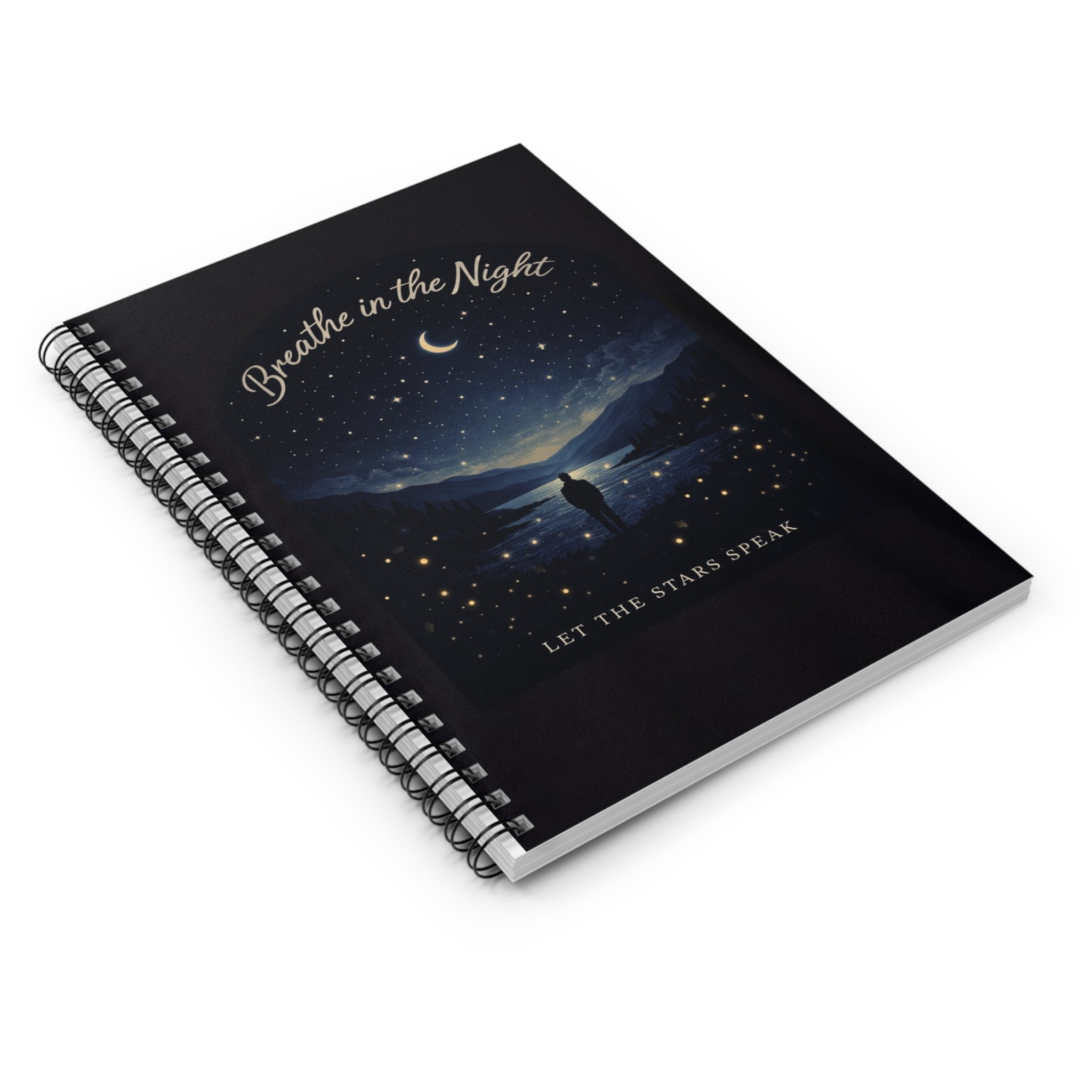 Breathe in the Night notebook | Spiral Ruled Journal, starry moon landscape