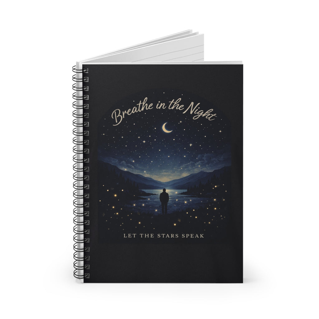 Breathe in the Night notebook | Spiral Ruled Journal, starry moon landscape