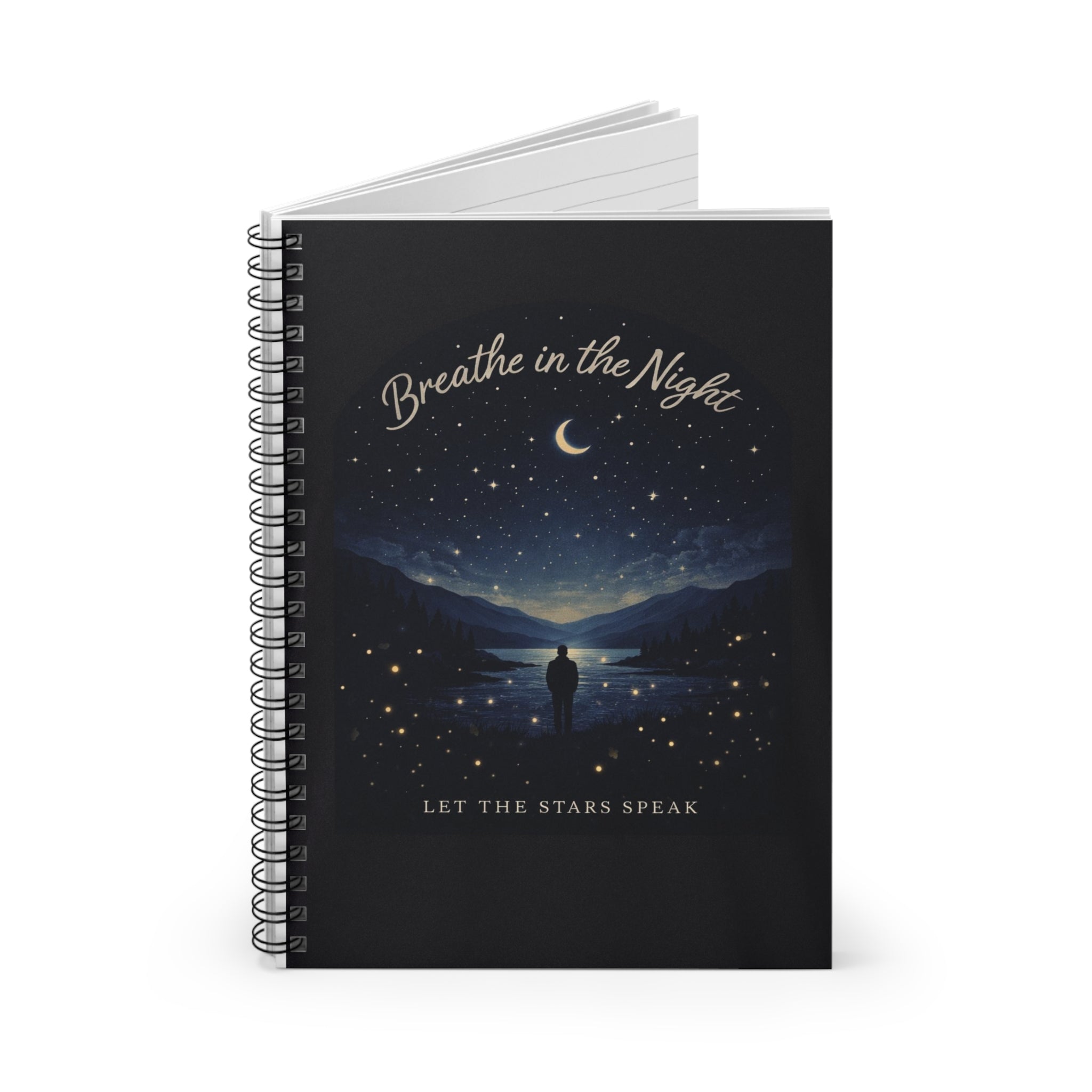 Breathe in the Night notebook | Spiral Ruled Journal, starry moon landscape
