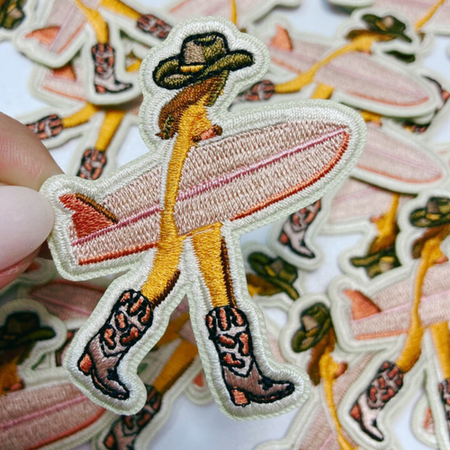 2.5" Cowgirl w Surfboard - Embroidered Hat Patch