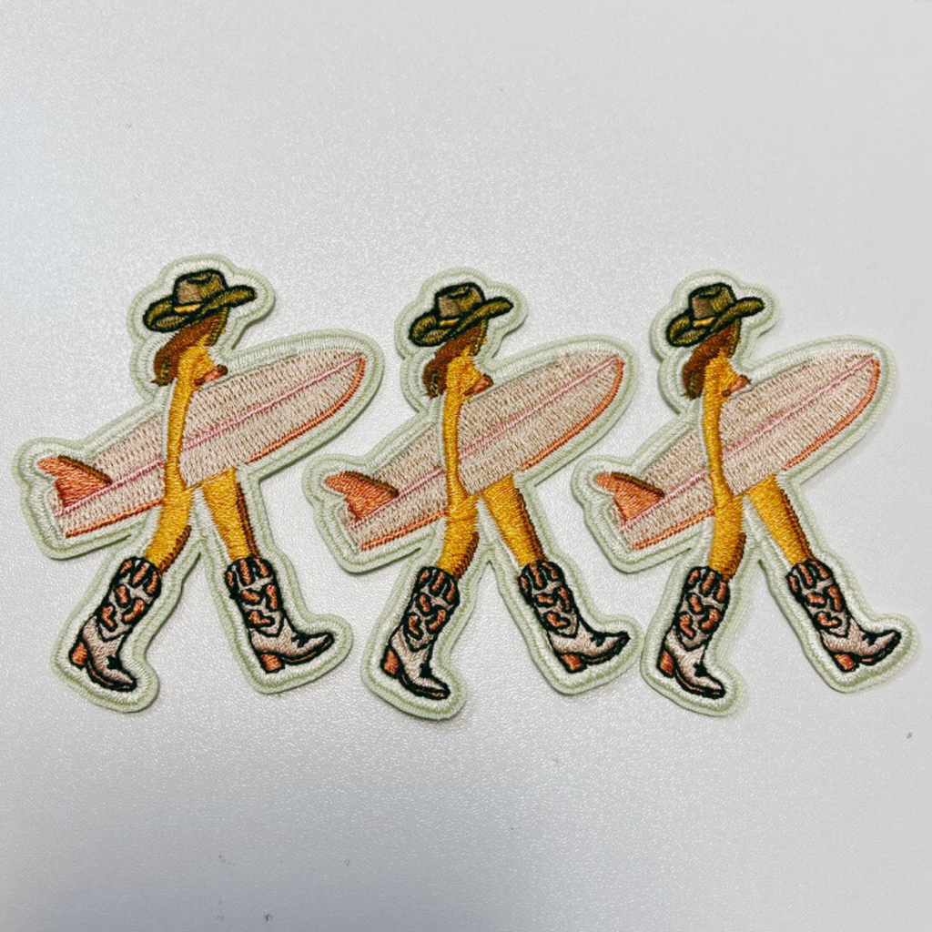 2.5" Cowgirl w Surfboard - Embroidered Hat Patch