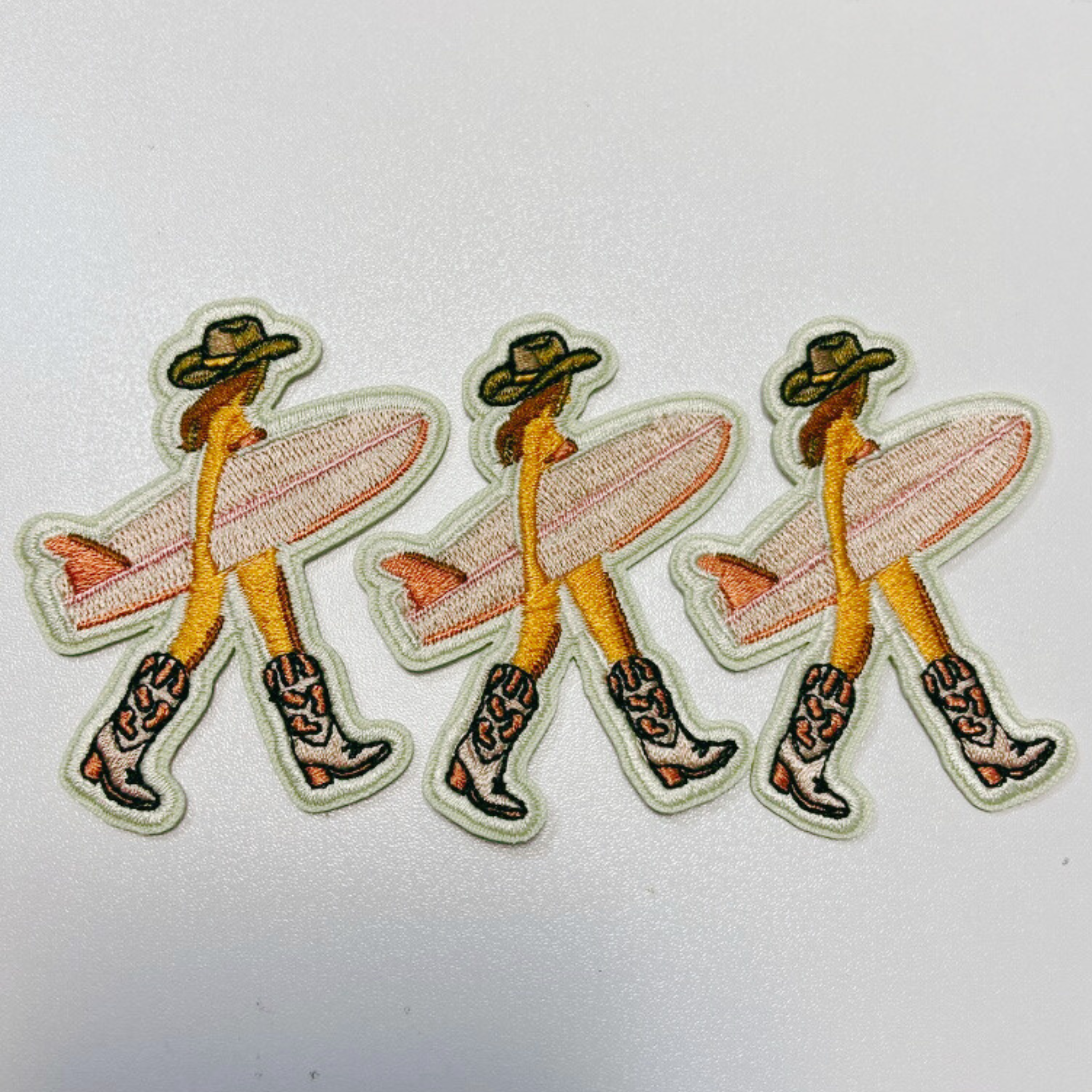 2.5" Cowgirl w Surfboard - Embroidered Hat Patch